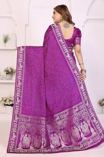 purple satin bandhej printed saree with blouse