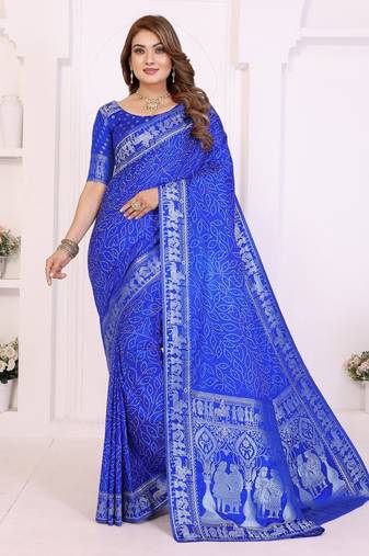 r blue satin bandhej printed saree with blouse