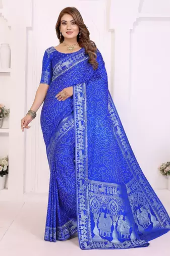 r blue satin bandhej printed saree with blouse