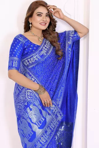 r blue satin bandhej printed saree with blouse