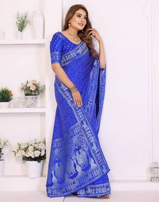 r blue satin bandhej printed saree with blouse 3