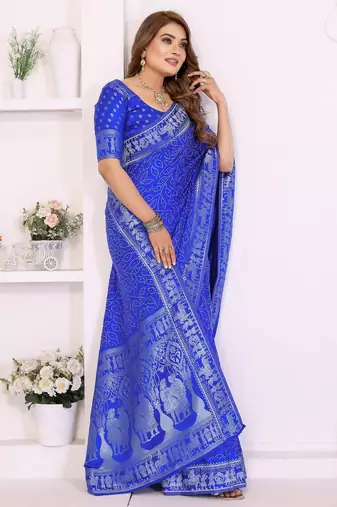 r blue satin bandhej printed saree with blouse