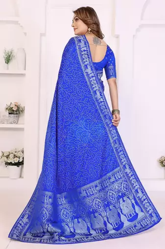 r blue satin bandhej printed saree with blouse