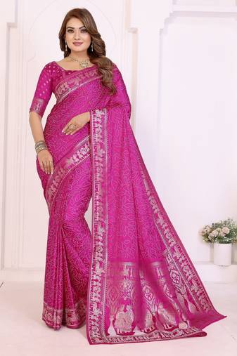 rani satin bandhej printed saree with blouse