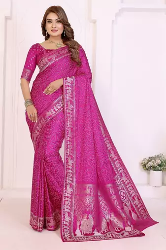 rani satin bandhej printed saree with blouse