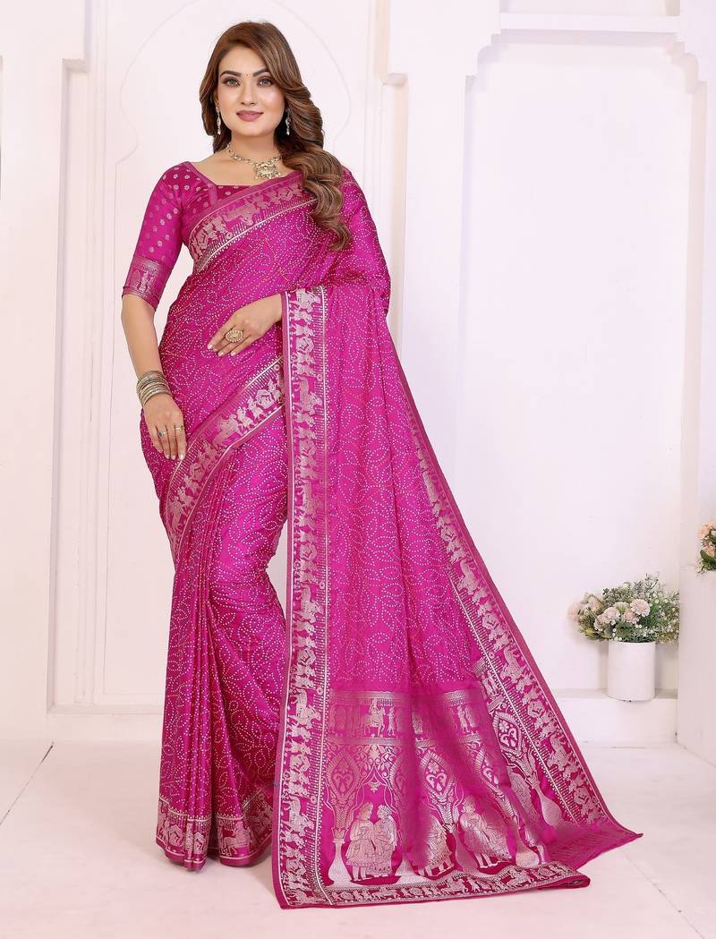 rani satin bandhej printed saree with blouse