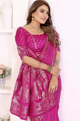 rani satin bandhej printed saree with blouse