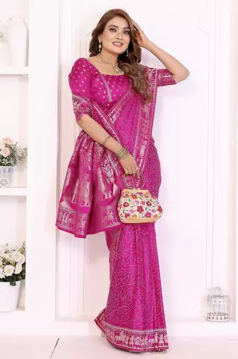 rani satin bandhej printed saree with blouse