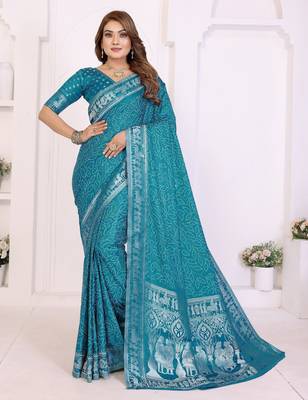 teal satin bandhej printed saree with blouse 1