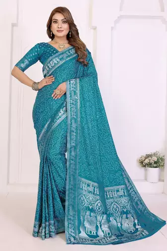 teal satin bandhej printed saree with blouse