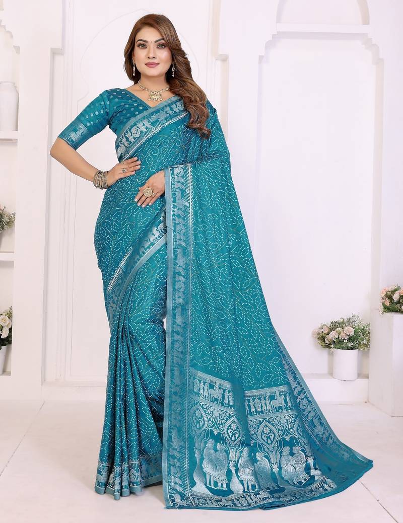 teal satin bandhej printed saree with blouse