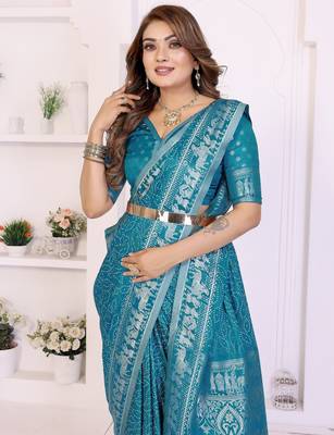teal satin bandhej printed saree with blouse 2
