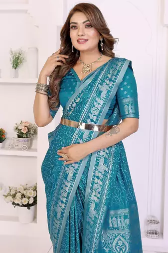 teal satin bandhej printed saree with blouse