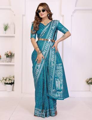 teal satin bandhej printed saree with blouse 3