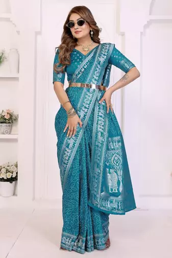 teal satin bandhej printed saree with blouse