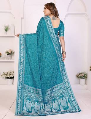 teal satin bandhej printed saree with blouse 4
