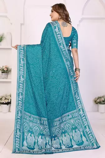 teal satin bandhej printed saree with blouse