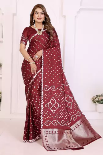 maroon satin bandhej printed saree with blouse