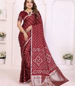 maroon satin bandhej printed saree with blouse