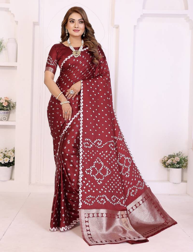 maroon satin bandhej printed saree with blouse