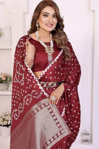 maroon satin bandhej printed saree with blouse