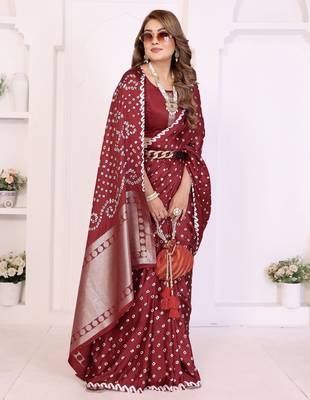 maroon satin bandhej printed saree with blouse 3