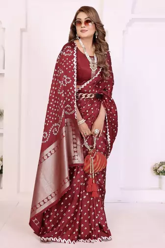 maroon satin bandhej printed saree with blouse