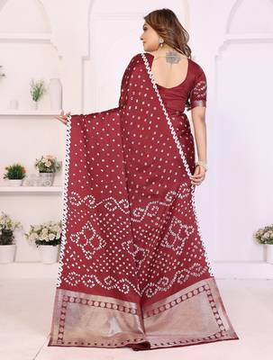 maroon satin bandhej printed saree with blouse 4
