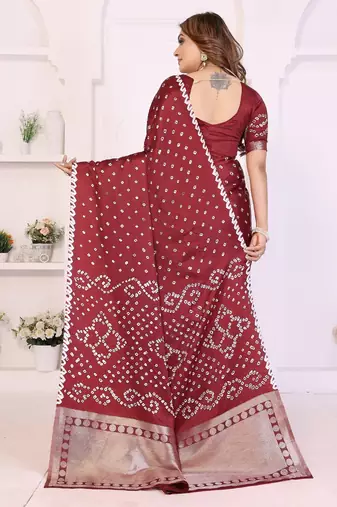 maroon satin bandhej printed saree with blouse