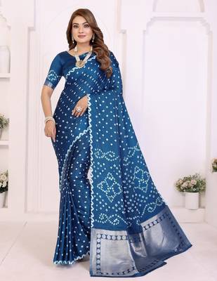 navy satin bandhej printed saree with blouse 1