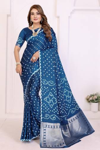 navy satin bandhej printed saree with blouse