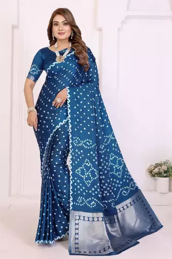 navy satin bandhej printed saree with blouse