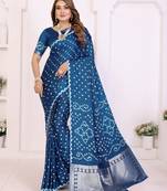 navy satin bandhej printed saree with blouse