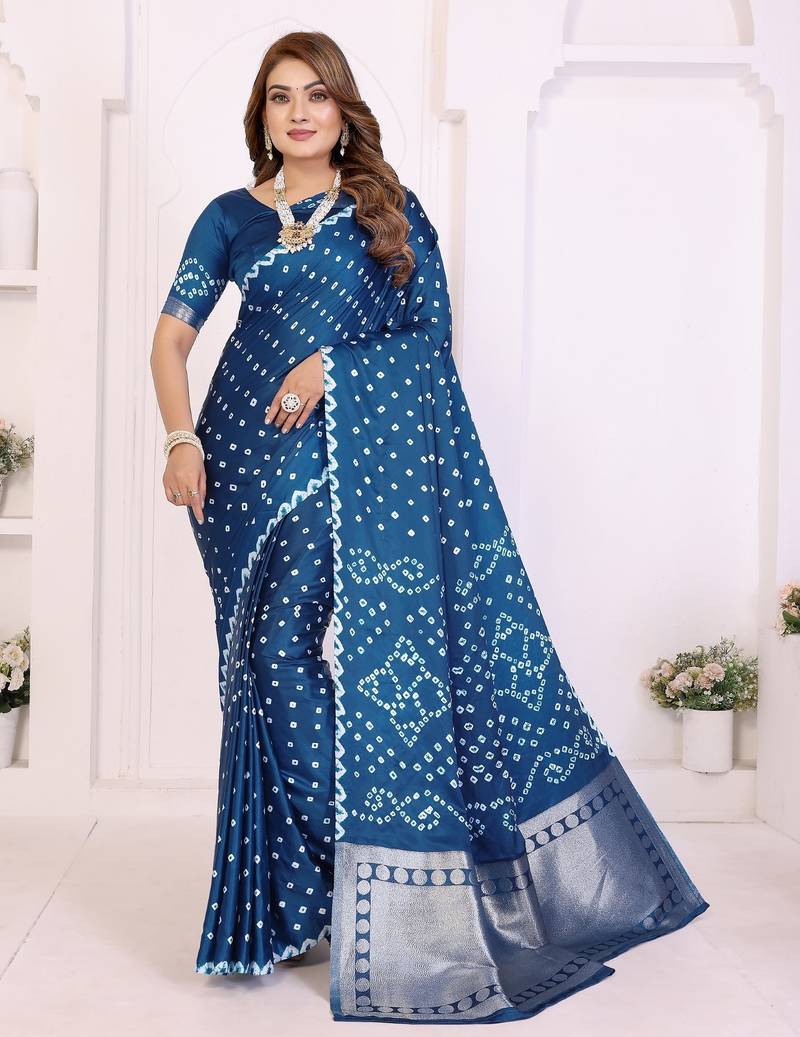 navy satin bandhej printed saree with blouse