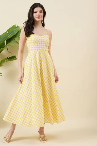 Women checked cotton fit & flare midi dress