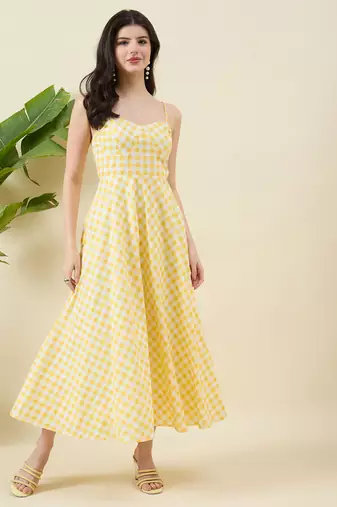 Women checked cotton fit & flare midi dress