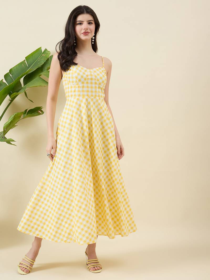 Women checked cotton fit & flare midi dress