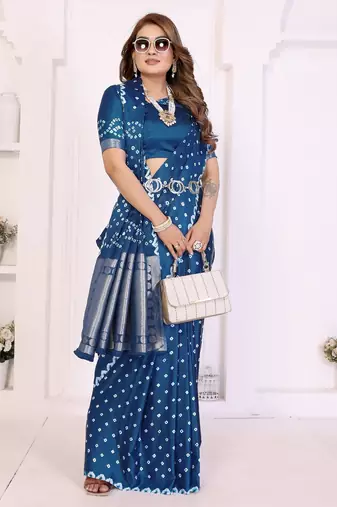 navy satin bandhej printed saree with blouse