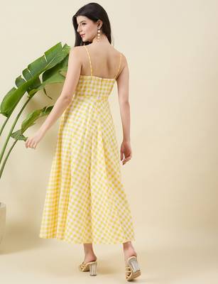 Women checked cotton fit & flare midi dress 2