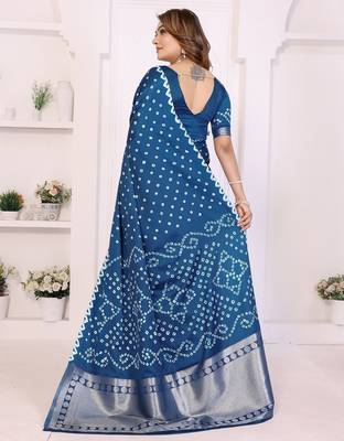 navy satin bandhej printed saree with blouse 4