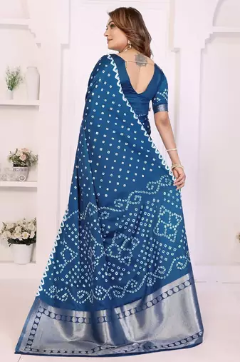navy satin bandhej printed saree with blouse