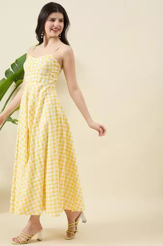Women checked cotton fit & flare midi dress