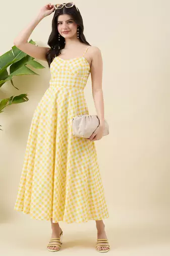 Women checked cotton fit & flare midi dress