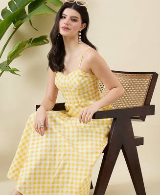 Women checked cotton fit & flare midi dress 5