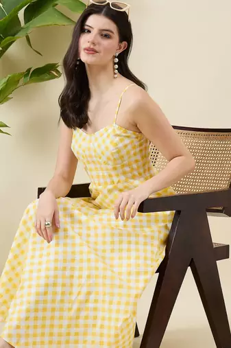 Women checked cotton fit & flare midi dress