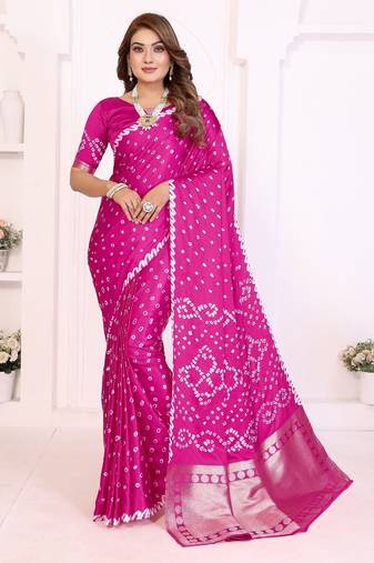 rani satin bandhej printed saree with blouse