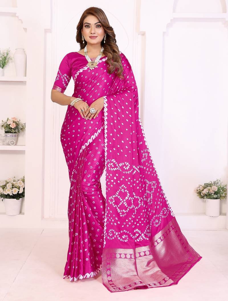 rani satin bandhej printed saree with blouse