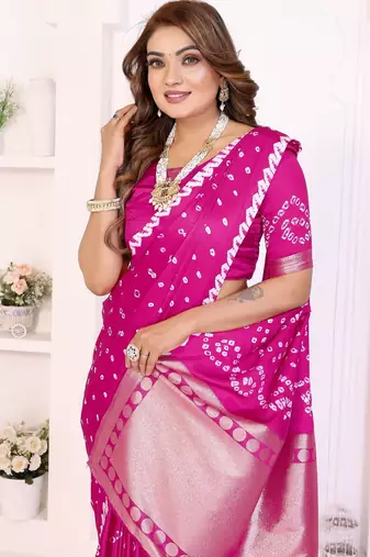 rani satin bandhej printed saree with blouse