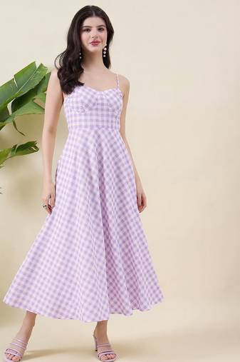 Women checked cotton fit & flare midi dress