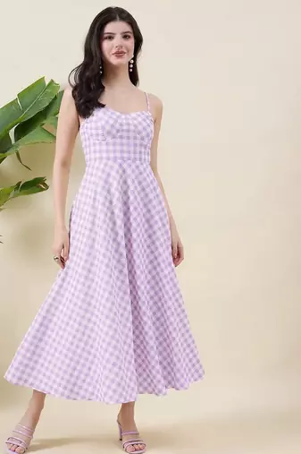Women checked cotton fit & flare midi dress